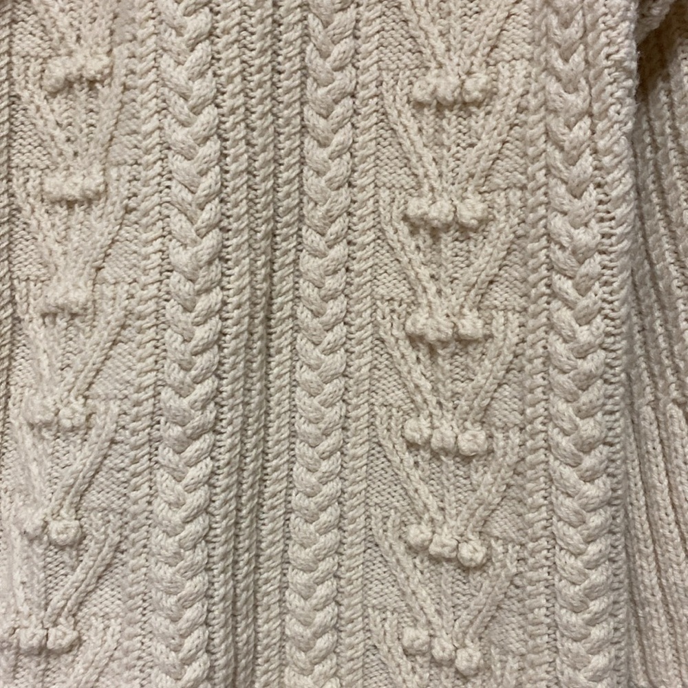 Hand Knit Wool Cable Hoodie Sweater Cream Chunky Flared Cuff Cottage Core Medium - Picture 11 of 12